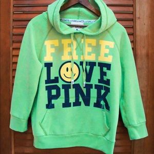 RARE VS Pink Hoodie, Free Love Pink Hoodie, Smiley Face Hoodie Sweatshirt Small